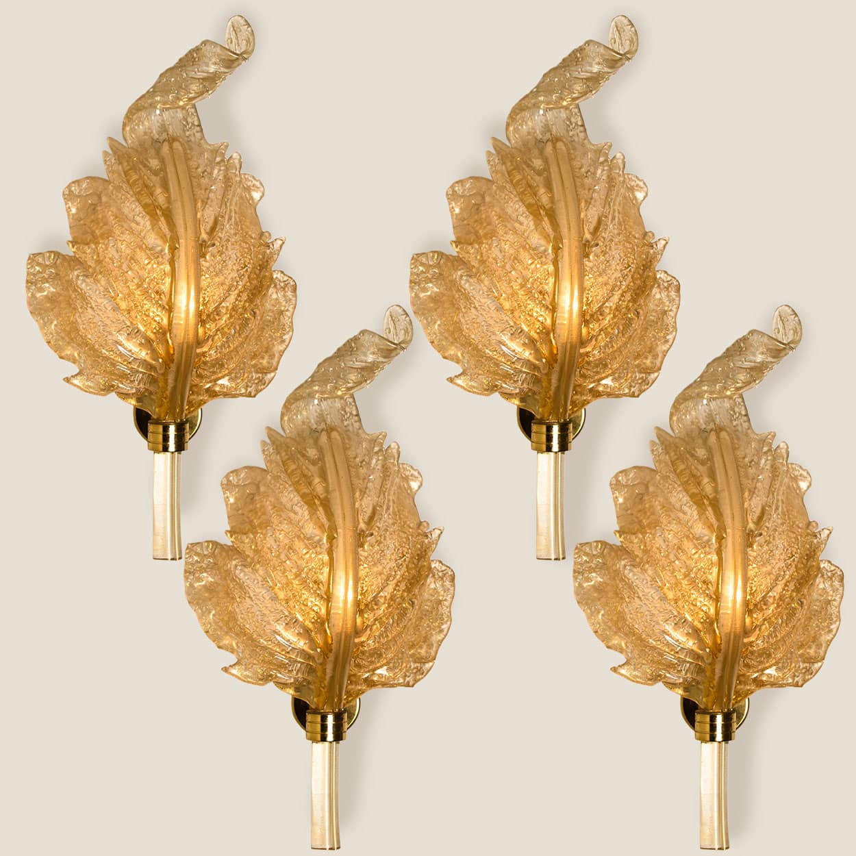 1 of the 4 Wall Sconces Barovier & Toso Glass and Brass Leafs, Italy 1970