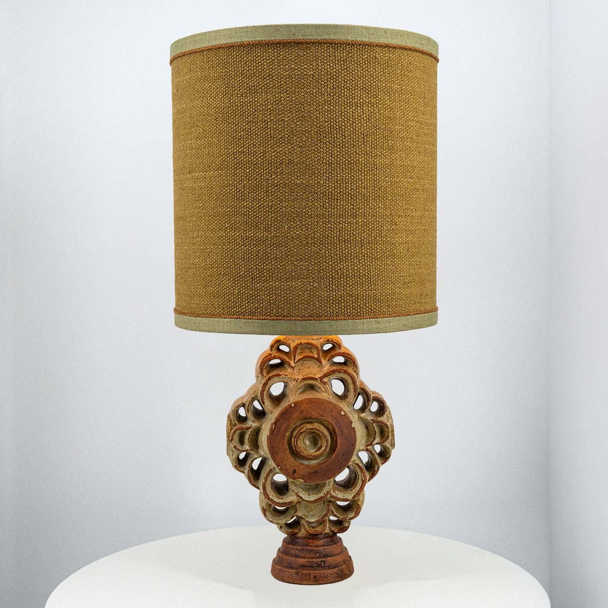Ceramic Floor/Table Lamp B. Rooke, Ochre Custom Made Lampshade by R. Houben