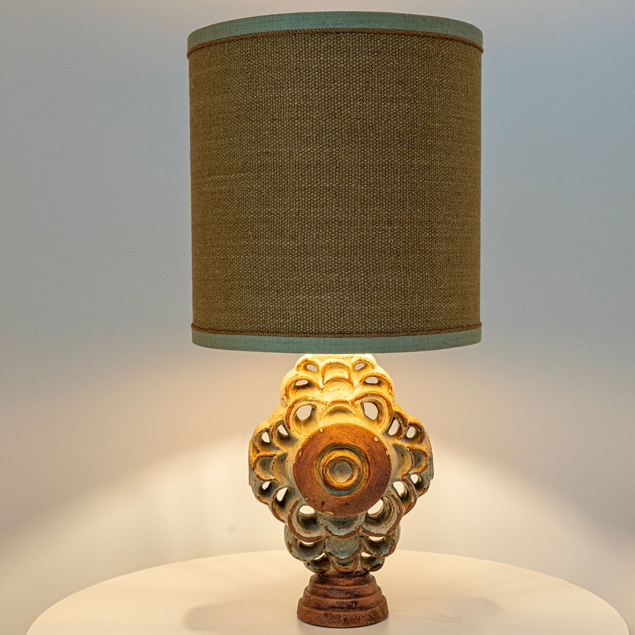 Ceramic Floor/Table Lamp B. Rooke, Ochre Custom Made Lampshade by R. Houben
