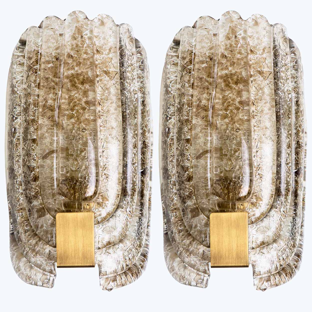 Pair of Spotted Brown Glass and Brass Wall Lights By Hillebrand, 1970