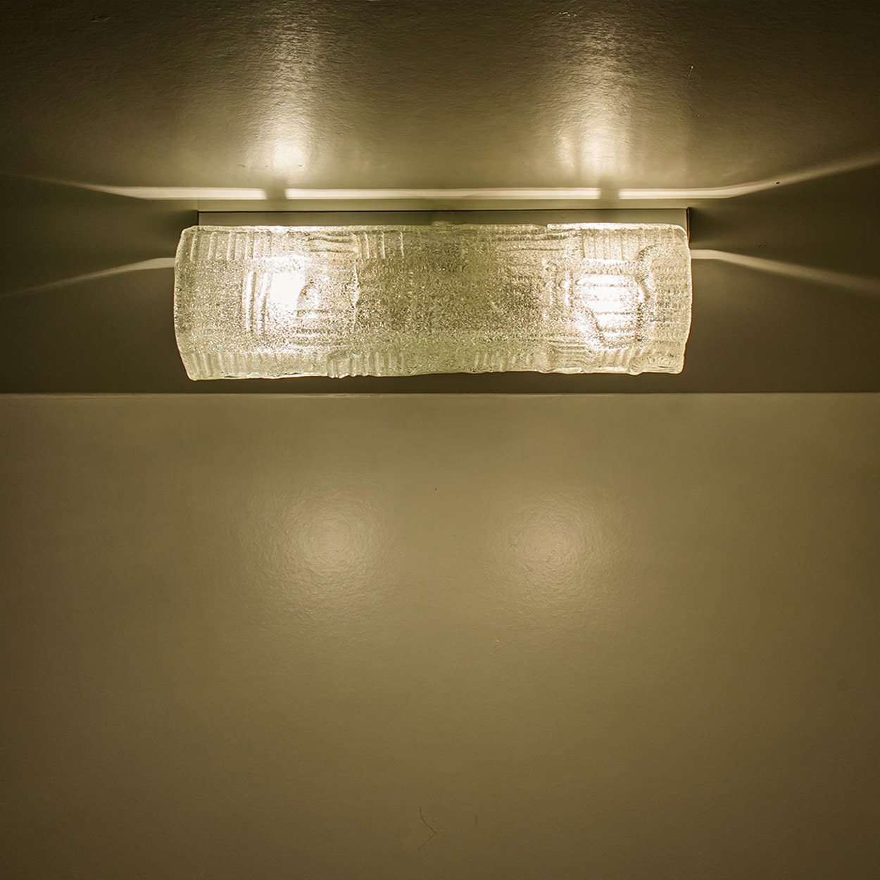 1 of the 2 Textured Glass and Chrome Wall Light Fixtures, Hillebrand 1960
