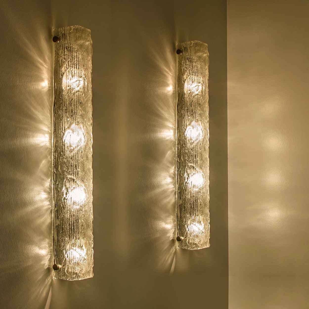 1 of the 2 Tube Textured Glass and Brass Wall Lights Germany, 1970s