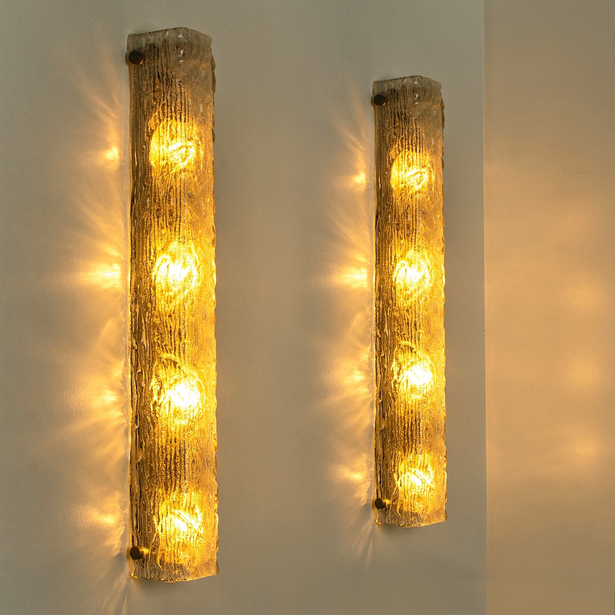 1 of the 2 Tube Textured Glass and Brass Wall Lights Germany, 1970s