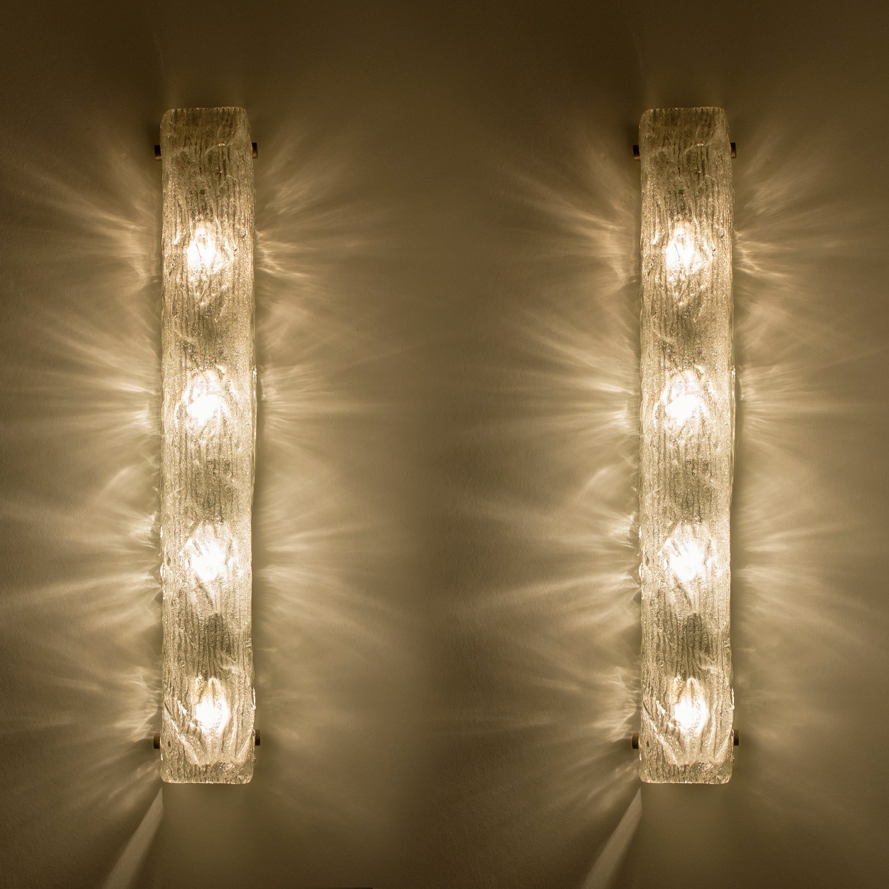 1 of the 2 Tube Textured Glass and Brass Wall Lights Germany, 1970s