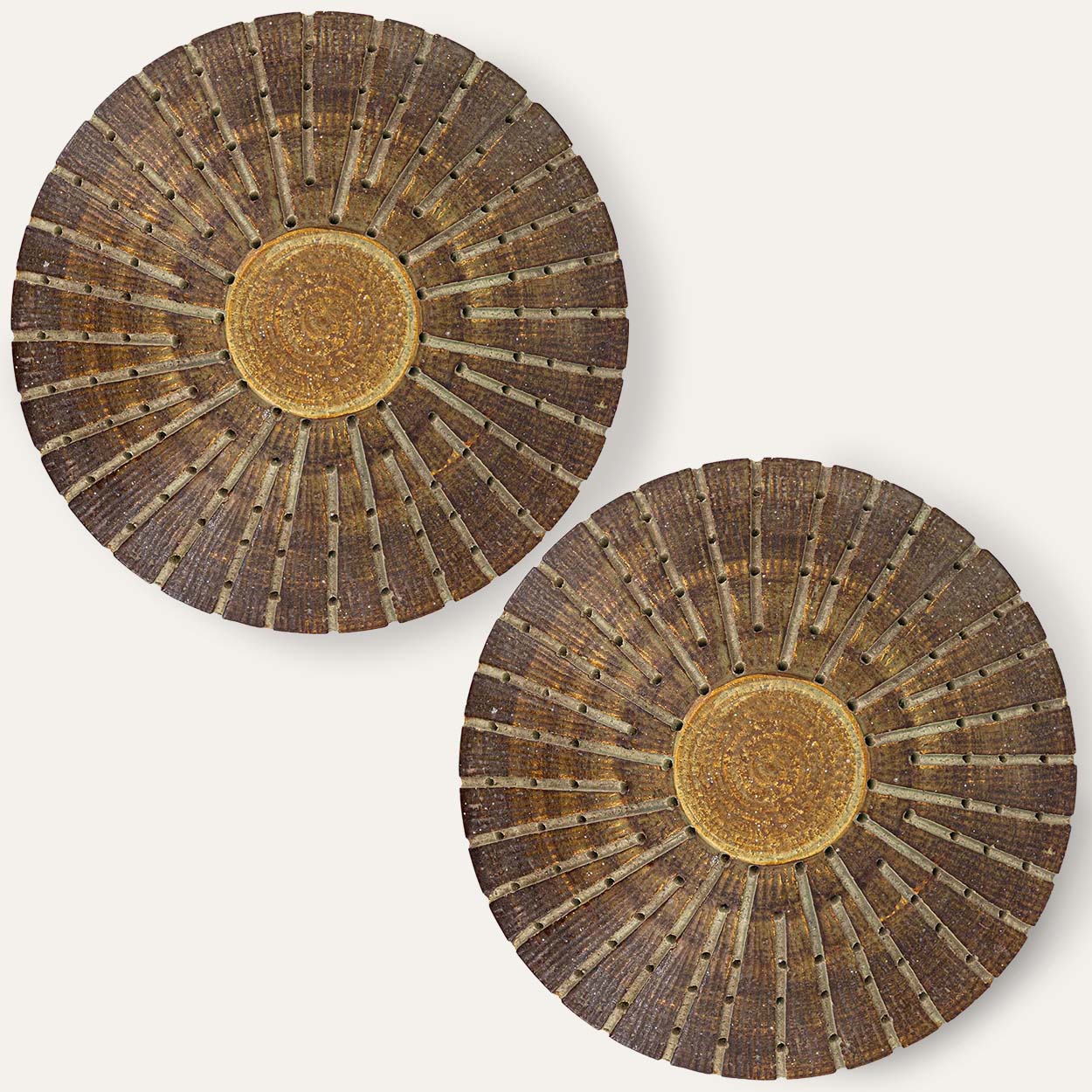 1 of the 2 Ceramic Round Wall Lights Holes in the style of Axella, Denmark 1970
