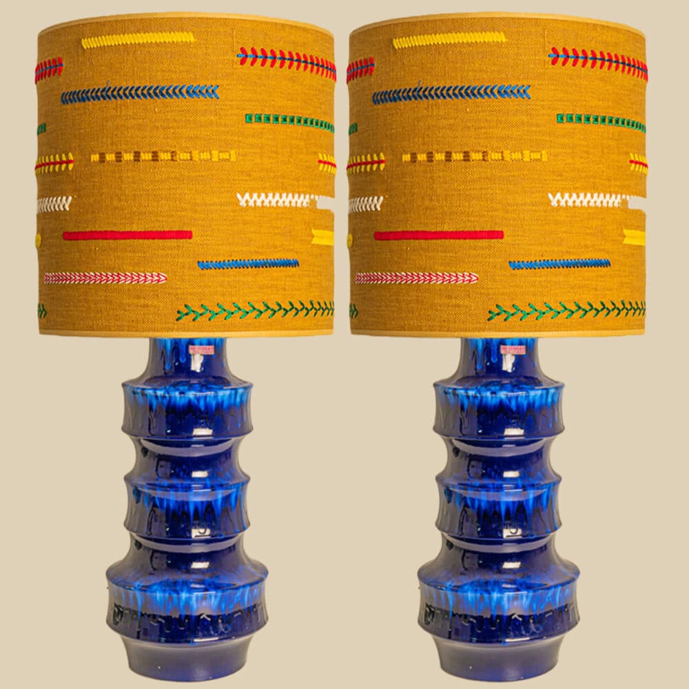 1 of the 2 Blue Scheurig Ceramic Lamps with Custom Lampshade by René Houben