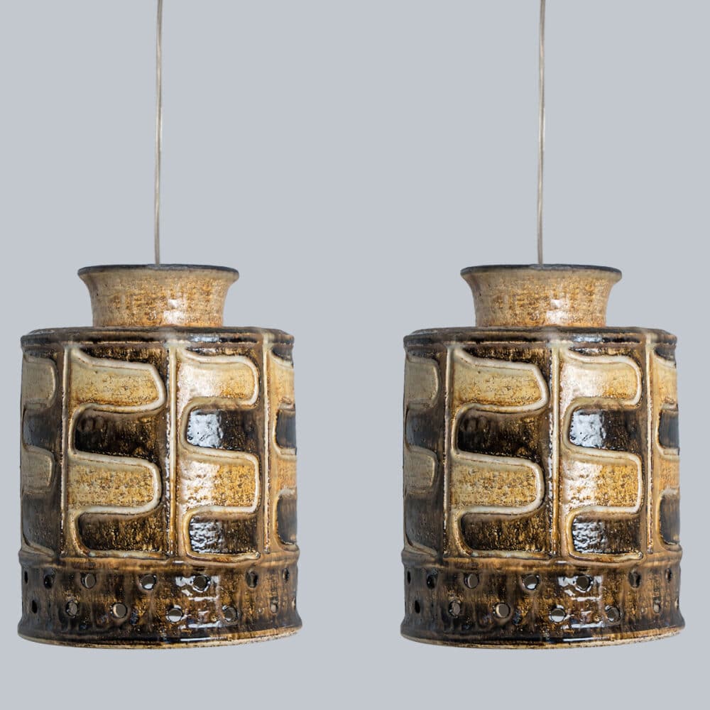 1 of the 2 Cylinder Beige Brown Ceramic Pendant Lights, Denmark, 1970