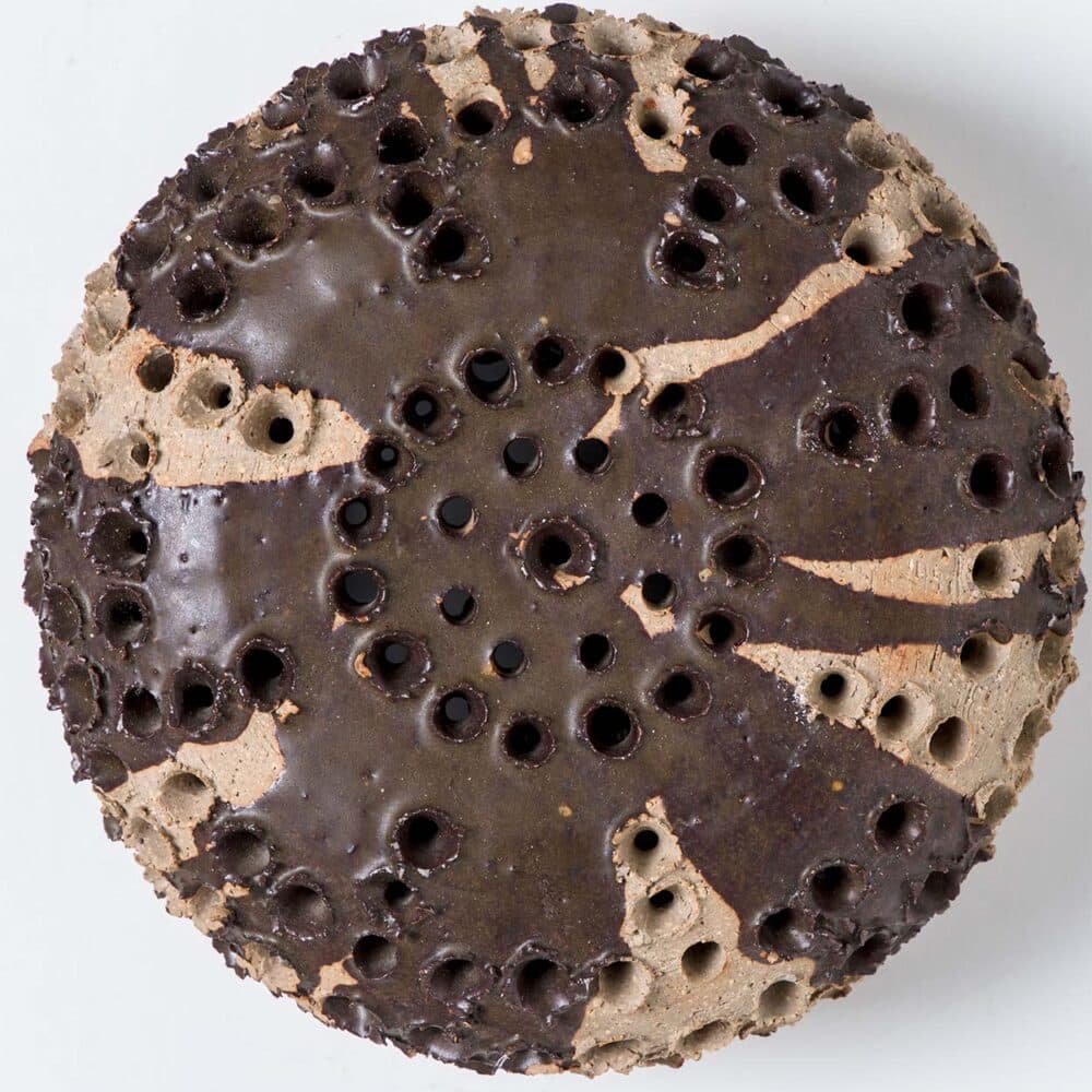 Dark Brown Ceramic Round Wall or Ceiling Light Stripes and Holes, Denmark 1970