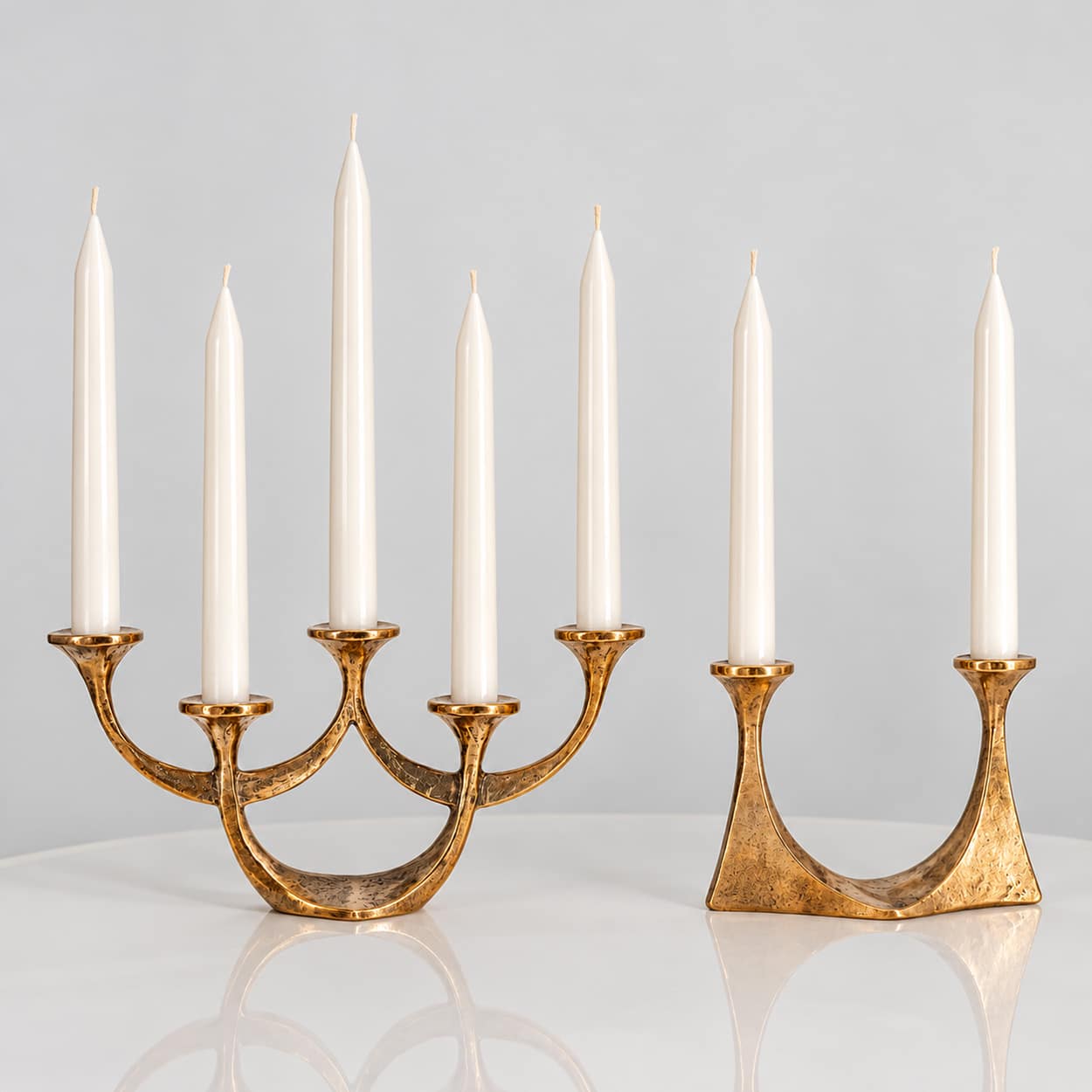 Set Of Two and five Arm Bronze Handcrafted Table Candlesticks Tharjes,1950 - Image 4