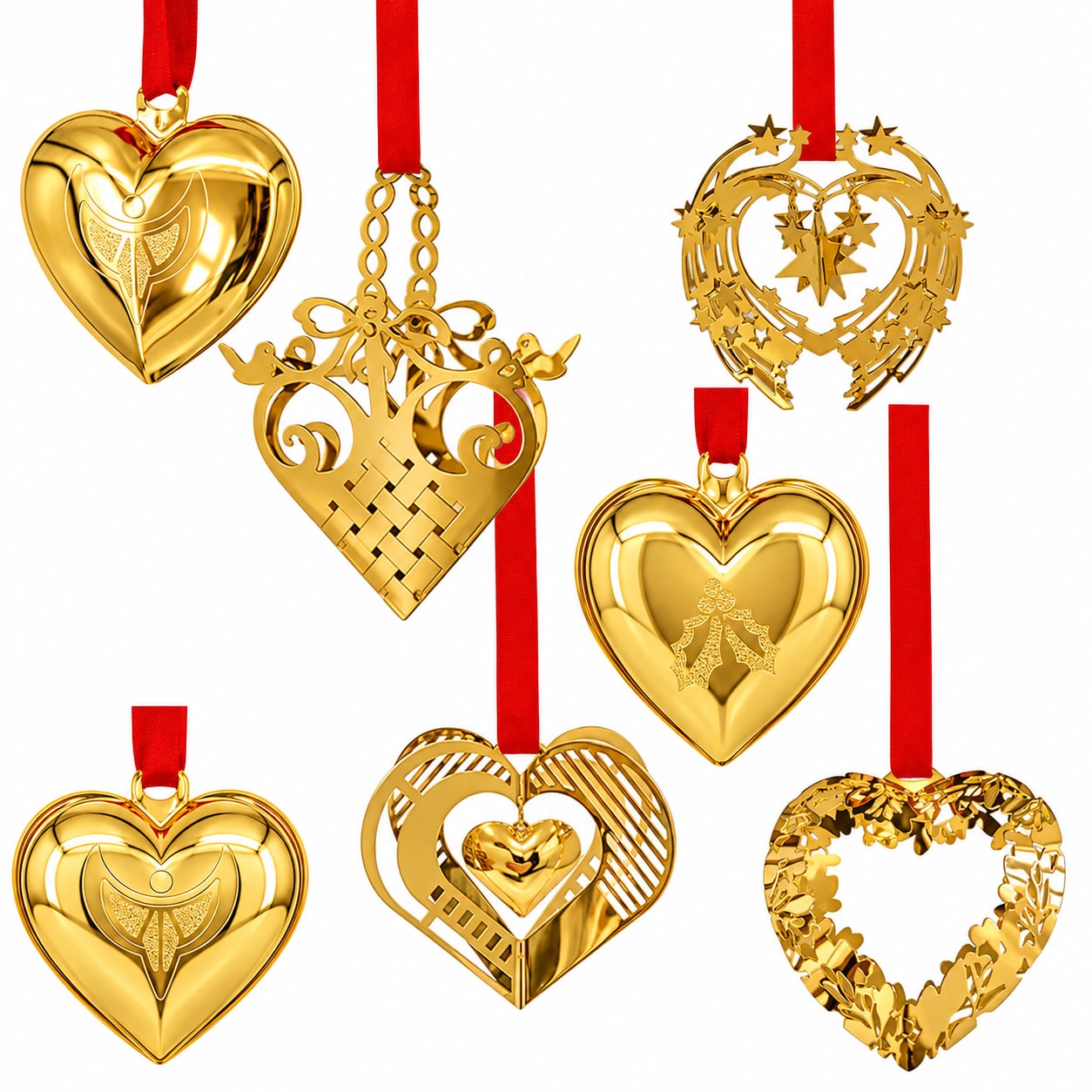 Set of Six 18K Gold-Plated Christmas Heart Ornaments by Georg Jensen, Denmark - Image 1