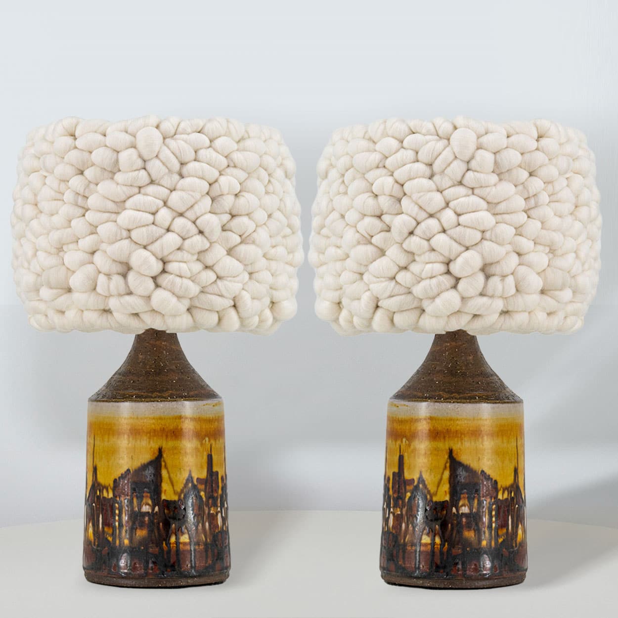 1 of the 2 Brutalist Ceramic Table Lamp, Custom Merino Wool Shade, Denmark 1970s - Image 1