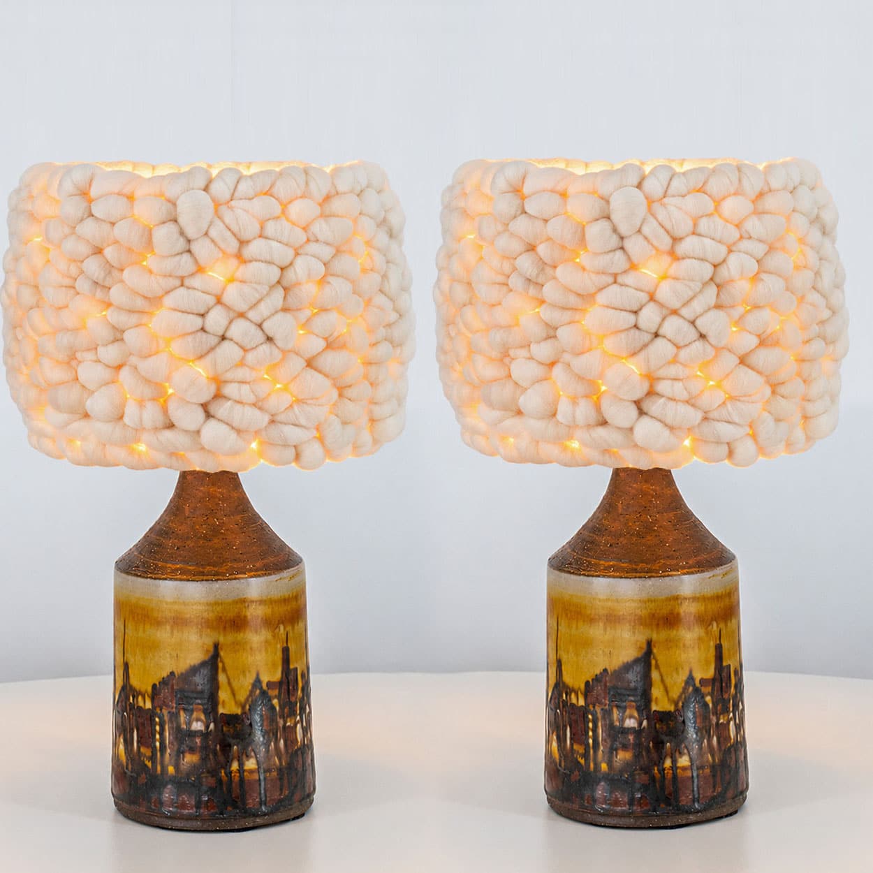 1 of the 2 Brutalist Ceramic Table Lamp, Custom Merino Wool Shade, Denmark 1970s - Image 2